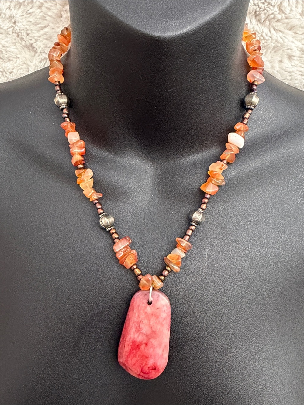 Carnelian Chip Necklace with Pink Stone Pendant